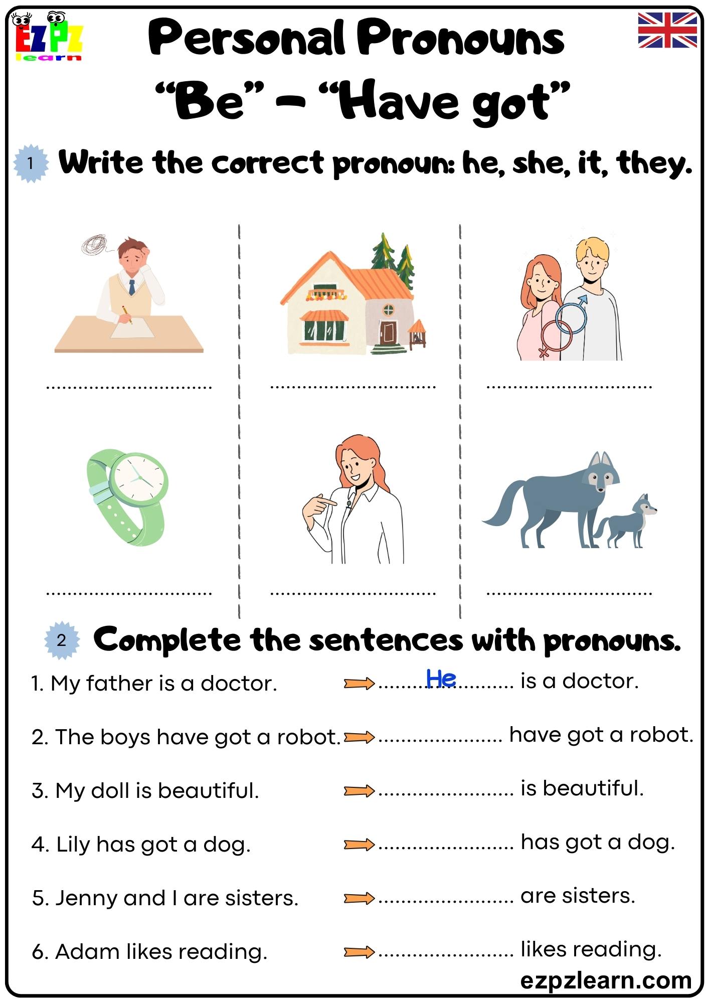 Personal Pronouns Write the correct pronoun he, she, it, they British English Downloadable pdf ...